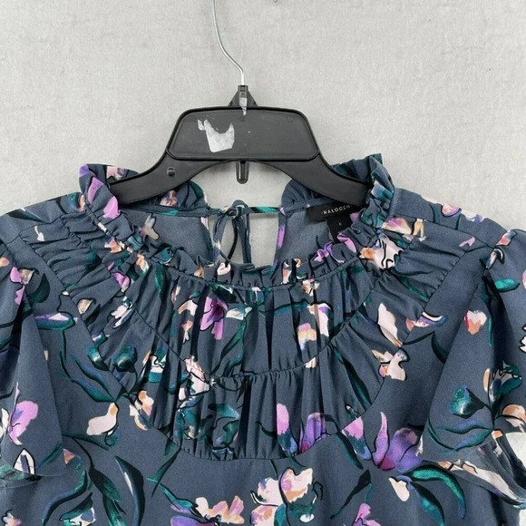 Halogen Blouse Women's Sz S Blue Purple Floral Ruffle Flutter Sleeves Sheer - Picture 7 of 11